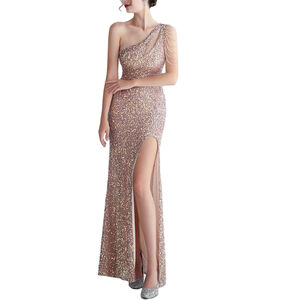 Kalinnu Gold Sequin One Shoulder Mermaid Maxi Dress Slit Women’s Size 12 NWT